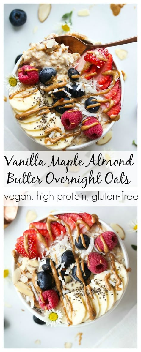 Vanilla Maple Almond Butter Overnight Oats | Dishing Out Health Almond Butter Overnight Oats, Dairy Free Overnight Oats, Maple Almond Butter, Mediterranean Diet Breakfast, Mediterranean Breakfast, Vegan Overnight Oats, Dairy Free Breakfasts, Overnight Oats Healthy, Overnight Oatmeal