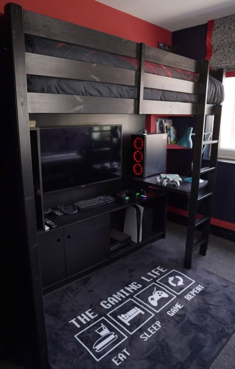 Gaming Bunk Bed Ideas, Modern Loft Bed Gaming, Cute Room Ideas For A Small Room, Gaming Under Loft Bed, Bunk Bed Game Room, Cool Gaming Bedroom, Cool Gaming Bedroom Ideas, Kid Gamer Bedroom, Bunk Bed Gaming Setup