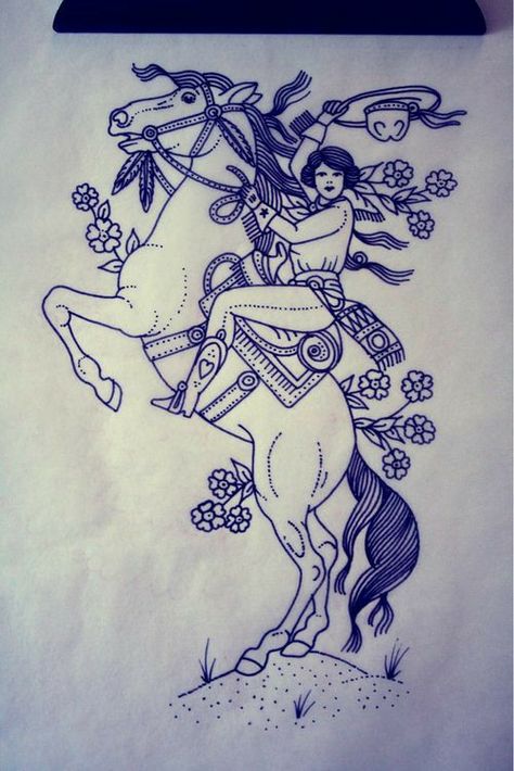 Ride It Like You Stole It Tattoo, Traditional Cowgirl Horse Tattoo, Vintage Horse Tattoo, Cowgirl On Horse Drawing, Cowgirl Horse Tattoo, Trad Horse Tattoo, Horse Back Tattoo, American Traditional Horse Tattoo, Cowboy Horse Tattoo