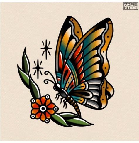 Traditional Butterfly Tattoo Side View, Small Traditional Butterfly Tattoo, American Traditional Butterfly Flash, American Trad Butterfly, Butterfly American Traditional Tattoo, American Traditional Stamp Tattoo, Traditional Style Butterfly Tattoo, Butterfly American Traditional, Trad Butterfly Tattoo