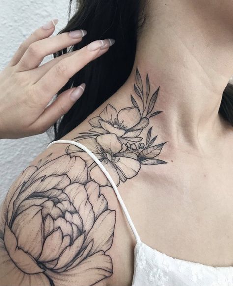 Neck To Shoulder Tattoo Women, Womens Neck Tattoos, Flower Neck Tattoo, Neck Tattoos Women, Shoulder Tattoos For Women, Tattoo Sleeve Designs, Half Sleeve Tattoo, Skull Tattoos, Popular Tattoos