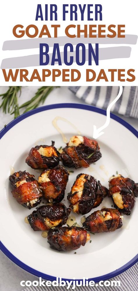 These air fryer goat cheese bacon wrapped dates taste like candy. They’re sweet, savory, crispy, and super delicious. This fast recipe cooks perfectly in under 10 minutes! Feel free to bake these in the oven if you don't have an air fryer! These make an elegant appetizer for parties, brunches, or holiday dinners, but are deceptively easy to make. Air Fryer Goat Cheese, Goat Cheese Recipes Appetizers, Bacon Dates, Baked Turkey Wings, Wrapped Dates, Fried Goat Cheese, Goat Cheese Appetizer, Bacon Wrapped Dates, Goat Cheese Recipes