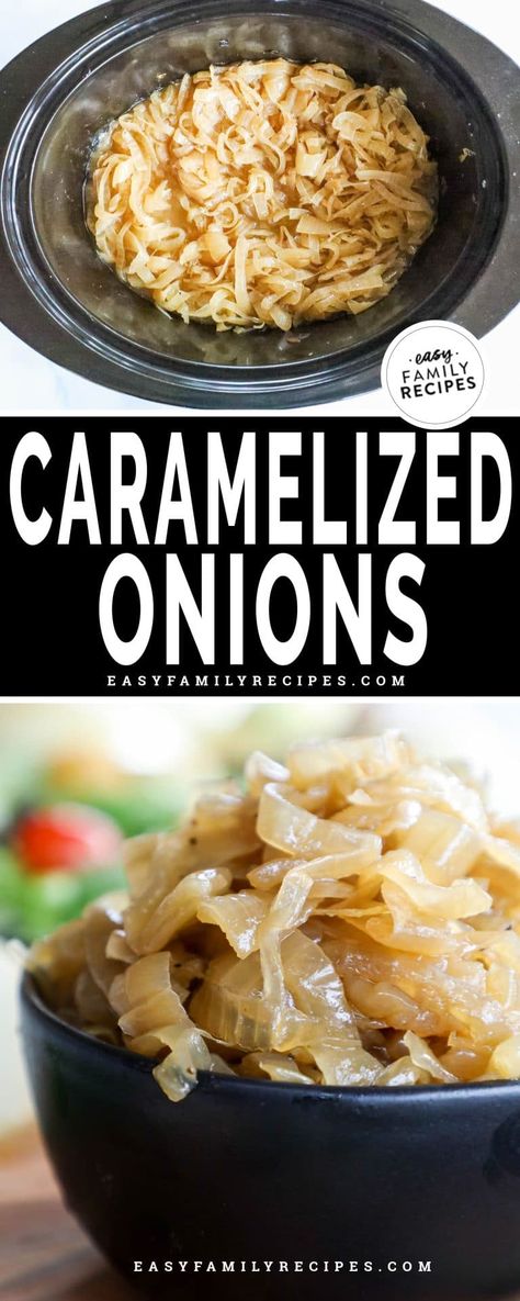 No-effort, freezer friendly, and BIG FLAVOR! This hands-off, easy Crock Pot caramelized onion recipe delivers the amazing, sweet flavor of slow cooked onions without any stress! Pop pounds of sweet onions into the slow cooker and just walk away! You’ll return to a golden brown pot of caramelized onions that you can add to steak, chicken, pasta, and so much more. Learn how to make a huge batch, the best onion varieties and how to store them in the freezer so you can easily enjoy them for months! Homemade Onion Dip, Caramelized Onions Recipe, Carmelized Onions, Beginner Recipes, Picnic Recipes, Electric Skillet, Skillet Recipes, Burger Toppings, Condiment Recipes