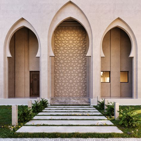 Moroccan Style Villa | Kuwait on Behance Modern Islamic Exterior Design, Islamic Architecture Elevation, Neo Islamic Architecture, Modern Islamic Architecture Elevation, Neoclassic Architecture, Contemporary Mosque Design, Mosque Design Islamic Architecture, Brick House Designs, Mosque Design