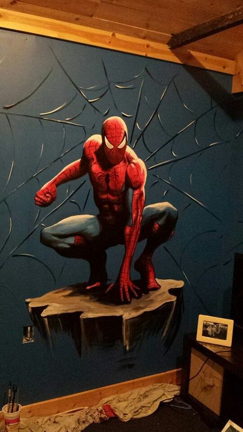 Spiderman Mural Bedroom, Marvel Bedroom Paint Wall Colors, Spiderman Wall Painting, Spiderman Mural, Marvel Mural, Avengers Painting, Marvel Bedroom, Spiderman Painting, Spiderman Room