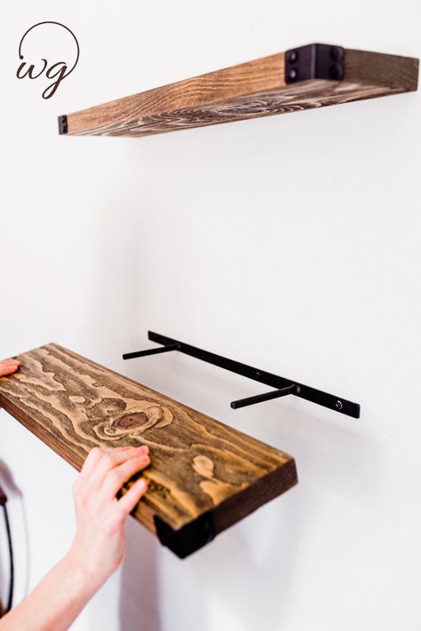 Decorative Floating Shelves, Light Walnut Stain, Solid Wood Floating Shelves, Rustic Interior Design, Industrial Floating Shelves, Rustic Wall Shelves, Living Room Wall Units, Tv Stand Designs, Garden Rustic