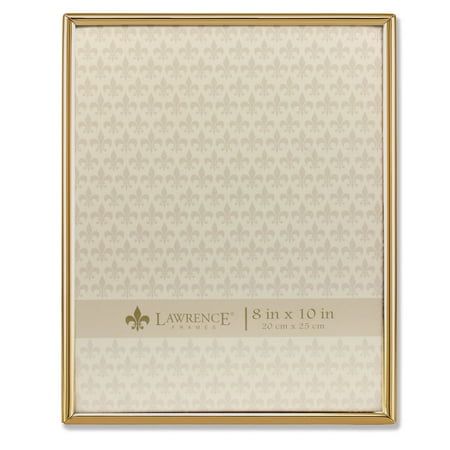 Simple but elegant high quality gold metal picture frame. This frame is constructed with heavy gauge steel and is made with quality in mind. Frame is fitted with beautiful black velvet backing, and is individually boxed. This table top frame also comes with hangers for wall mounting.  Contemporary gold metal frame that will compliment any dcor.  High quality black velvet backing.  Vertical or horizontal tabletop display or can be hung on a wall with installed hangers.  Wipe clean with dry cloth, glass included.  Holds 8 inch by 10 inch photo, vertical or horizontal.  Sold as 1 Each. Size: 8 x 10. Table Top Frame, Metal Picture Frame, Metal Picture Frames, Picture Frame Shop, Tabletop Display, Gold Picture Frames, Table Top Display, Wall Mounting, Frame Shop