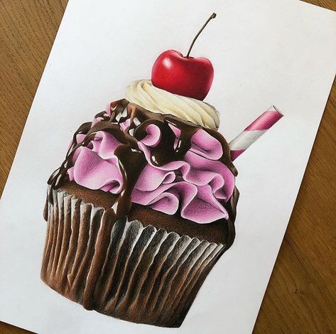 @artyfeatures: „This cupcake by @hln_art is so realistic😍😍 - Hashtag #artyfeatures and follow @artyfeatures for…” Cherry Reference, Cupcakes Art Drawing, Prismacolor Drawing, Desserts Drawing, Pencil Inspiration, Cupcake Drawing, Color Pencil Sketch, Prismacolor Art, Realistic Pencil Drawings