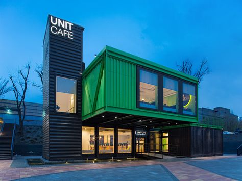 Unit Cafe / TSEH Architectural Group Shipping Container Restaurant, Shipping Container Cafe, Container Coffee Shop, Customized Furniture, Shipping Container Architecture, Container Restaurant, Container Cafe, Cement Board, Steel Structure Buildings