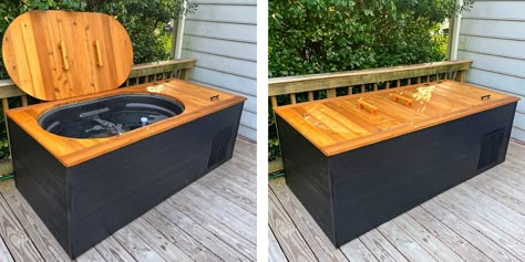 Diy Stock Tank Ice Bath, Plastic Stock Tank Hot Tub, Cold Plunge Pool Diy, Cold Plunge Pool Ideas, Cold Plunge On Deck, Outside Sauna And Cold Plunge, Cold Plunge Bathroom, Diy Cold Room, Cold Plunge Bathtub