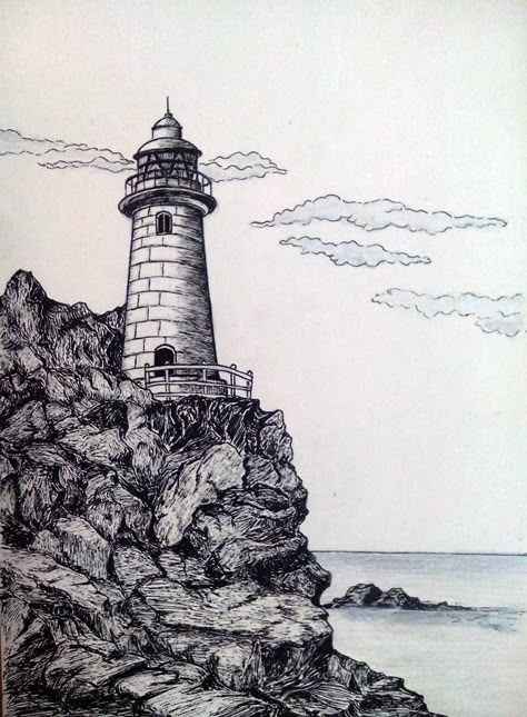 Light House Sketches Pencil, Rock Cliff Drawing, Lighthouse On A Cliff, Lighthouse Drawing Sketch, Cliff Tattoo, Cliff Drawing, Sea Sketch, Lighthouse Sketch, Lighthouse Drawing