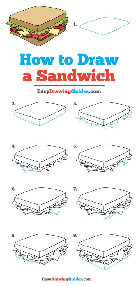 Learn How to Draw a Sandwich: Easy Step-by-Step Drawing Tutorial for Kids and Beginners. #Sandwich #DrawingTutorial #EasyDrawing See the full tutorial at https://easydrawingguides.com/how-to-draw-a-sandwich/. Best Drawing For Kids, Simple Zentangle, Sandwich Drawing, Easy Zentangle Patterns, Easy Drawing Guides, 귀여운 음식 그림, Drawing Guides, Drawing Tutorials For Beginners, Easy Drawing Tutorial