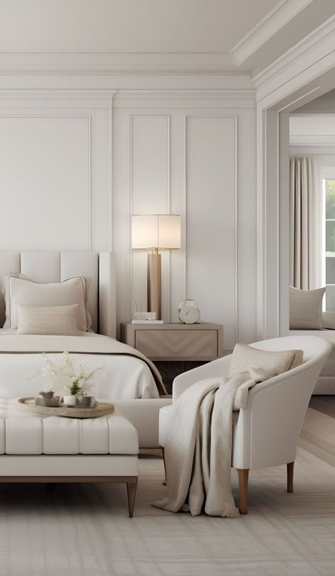 Classic Chic Bedroom, Small Luxe Bedroom, Modern Parisian Interior Bedroom, Parisian Master Bedrooms Decor, Modern Neutral Bedroom Decor, Parisian Interior Bedroom, Hotel Style Bedroom Master Suite, Classic Interior Design Bedroom, Modern European Bedroom