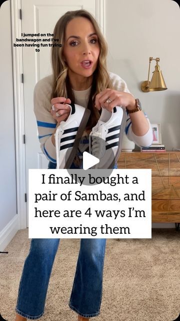 Merrick White / Style Educator on Instagram: "4 ways I’m wearing my new Adidas Sambas sneakers…I finally jumped on the bandwagon! Which outfit do you want to copy??  If you have a pair as well, and need some outfit ideas, I hope this is helpful.  Looking for links? Comment below with the word LINK and I’ll send you a DM with links to all these outfits.  Also, I know sizing is funky for the sambas, but for this pair, they fit very true to size and are VERY comfortable. No break in time required.  #4wayswithmerrick" Samba Addidas Outfits Women, White Shoe Outfits For Women, White Shoes Work Outfit, Adidas Shoes Samba Outfit Women, Jeans Samba Outfit, Adidas Samba Office Outfit, Adidas Samba Sneakers Outfit, Sambas And Jeans Outfit, How To Wear Adidas Sneakers