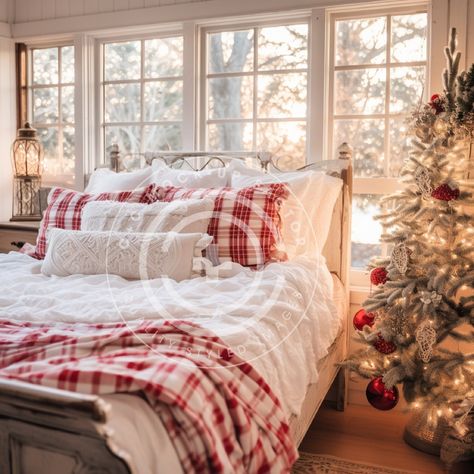 This wonderful Christmas bedroom stock image/multi-use mockup photo features a French Country Cottage aesthetic with red & white decor. Vibe: French Country, Cozy, Warm, Country, Classic, Pretty, Cottagecore, Festive, Christmas, Holiday THIS IMAGE IS ALSO AVAILABLE IN THESE BUNDLES: + Our 'Full House' French Country Christmas Cottage Red & White Bundle of 72 images:  https://www.etsy.com/listing/1583246551/christmas-decor-mockup-bundle-set-of-72  + Our bundle of 12 French Country Christmas Cottage Red & White Bedrooms here: https://www.etsy.com/listing/1583320853/holiday-mockup-photo-bundle-set-of-12 The perfect vessel to showcase your brand! Our mockups/stock images are simple to use - just add your graphic, make any edits you need for the most realistic aesthetic (add a drop shadow & adj Red And White Cottage Decor, Red And White Christmas Bedroom Ideas, Holiday Bedroom Decor Christmas, Guest Room Christmas Decor, Decorating Bedroom For Christmas, Christmas Bedroom Decor Aesthetic, Country Christmas Bedroom, Cute Christmas Bedroom Ideas, Christmas Decorated Bedrooms