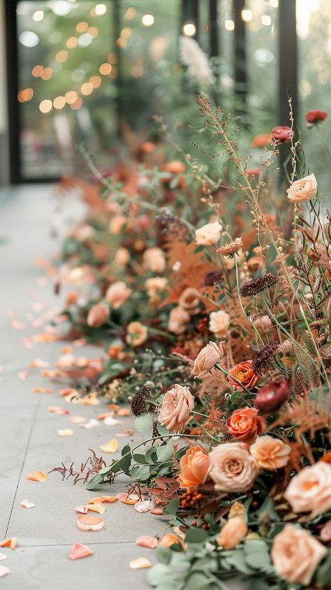 40+ Fall Wedding Ideas That Will Inspire You (Cake, Aisle, Table, Ceremony Decor, And More!) Fall Wedding Flower Aisle, Boho Fall Wedding Aisle, Autumnal Wedding Ideas, Fall Flower Arch Wedding, Late Fall Wedding Ideas, Fall Wedding Party Bouquets, Farm Flowers Wedding, Fall Terracotta Wedding Flowers, Wedding Floral Styles