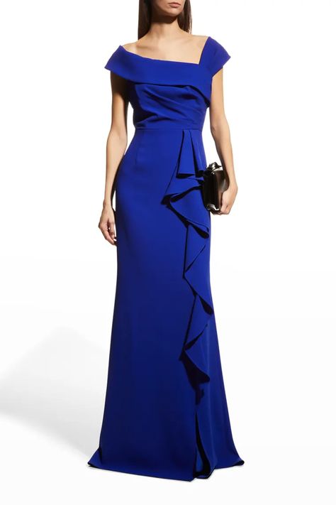 T2PE2 Rickie Freeman for Teri Jon Asymmetric Off-Shoulder Side-Ruffle Gown Mother Of The Bride Dresses Long, Draped Bodice, Ruffle Gown, Teri Jon, Mother Of Groom Dresses, Evening Dress Floor Length, Designer Evening Gowns, A Line Gown, Groom Dress