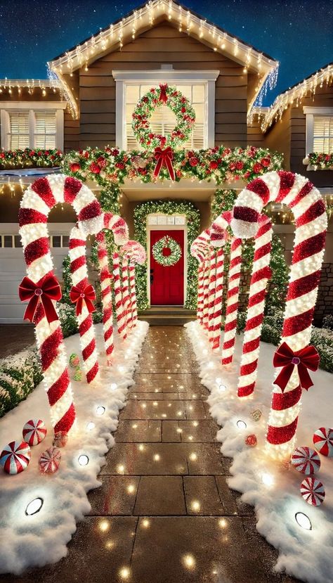 Christmas Candyland, Candy Cane Lane, Outdoor Christmas Decor, Christmas Decorations Ideas, Christmas Themes Decorations, Christmas Porch Decor, Xmas Lights, Candy Cane Christmas, Christmas Decorations Diy Outdoor