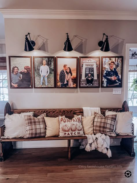 Living Room Photo Wall Ideas Farmhouse, Family Pictures In Kitchen Wall, Family Pictures On Wall Farmhouse, Smallwoods Living Room, Home Wall Gallery, Gallery Wall Dark Paint, Picture Wall In Living Room, Gallery Wall With Bench Underneath, Living Room With Family Pictures