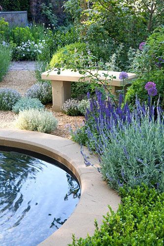 Follow The Yellow Brick Home - Vintage Cottage Garden Style – Follow The Yellow Brick Home Fountain Seating Area, Pond With Seating Area, Gravel Garden With Pond, Shed Inspiration, Garden Mediterranean, Wooden Benches, Edging Plants, Decomposed Granite, Modern Mediterranean