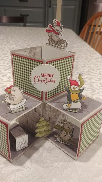 Penguin Christmas Cards, Pop Cubes, Pop Up Christmas Cards, Box Cards Tutorial, Homemade Holiday Cards, Card Making Templates, Pop Up Box Cards, Hand Stamped Cards, Christmas Stencils