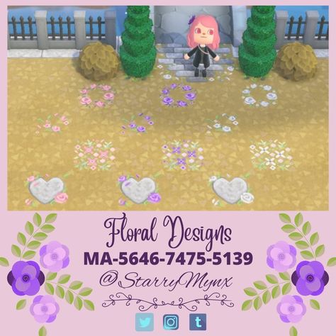 ACNH Flower Circle, Heart Stone, and Sparkles in White, Pink, and Purple Acnh Heart Stone Path, Acnh Purple Flower Design, Acnh Purple Flowers, Acnh Circle Design, Acnh Paths Designs Stone Flower, Acnh Floral Design, Acnh Purple Design, Animal Crossing Heart Path, Acnh Flower Stone Path