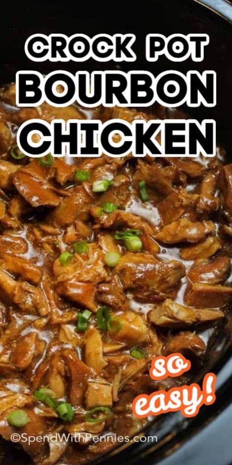 This easy Crock Pot bourbon chicken couldn't be more flavorful. We love serving bourbon street chicken over rice, or in sandwiches! #spendwithpennies #bourbon #bourbonchicken #chicken #crockpotbourbonchicken #bourbonchickenrecipe #slowcookerbourbonchicken Crockpot Fireball Chicken, Bourbon Chicken Without Bourbon, Crockpot Burbon Chicken, Crock Pot Chinese Chicken, Crockpot Honey Bourbon Chicken, Crock Pot Bourbon Chicken, Slow Cooker Bourbon Chicken, Burbon Chicken, Bourbon Street Chicken