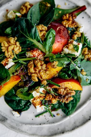 Walnut Salad Recipe, Pear Walnut Salad, Vegan Cheese Substitute, Ashley Alexander, Nectarine Salad, Nectarine Recipes, Green Smoothie Bowl, Roasted Walnuts, Walnut Salad