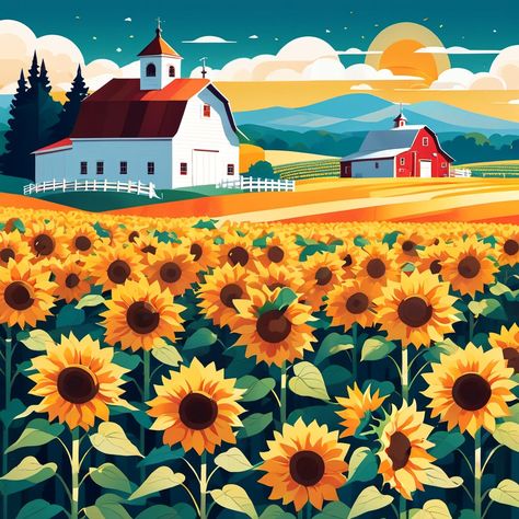 Sunflower Field Illustration, Illustration Sunflower, Field Illustration, Beer Painting, Sunflower Illustration, Timeless Symbol, Sunflower Field, House Illustration, White Barn