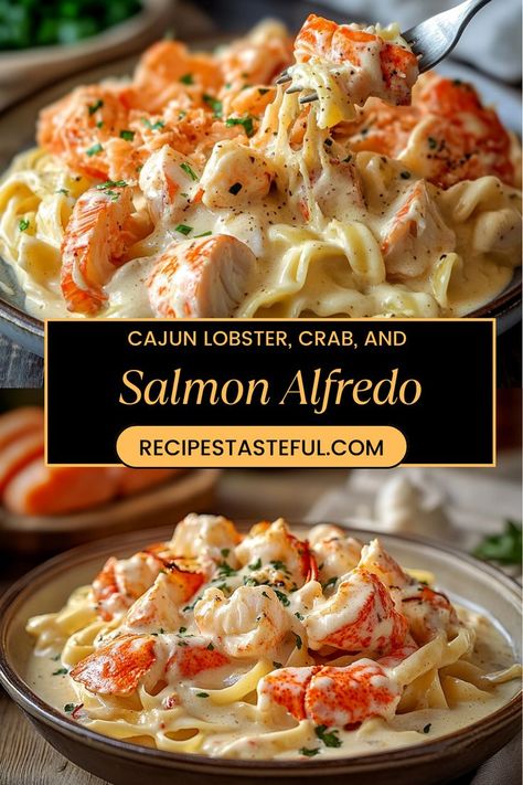 Indulge in this luxurious seafood pasta dish that features tender lobster, succulent crab, and flaky salmon, all tossed in a rich, creamy Cajun Alfredo sauce. This flavorful combination is a dream come true for seafood lovers, making it the perfect choice for a special occasion or an extravagant dinner at home! Pasta Crab Recipes, Seafood Dinner Recipes For Family, Shrimp Salmon Pasta, Seafood Pasta Casserole Recipes, Seafood For Christmas Dinner, Lobster Recipes Dinners, Seafood Alfredo Pasta, Lobster Alfredo Recipe, Seafood Christmas Dinner Ideas