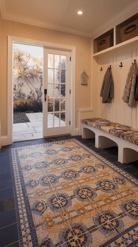 21+ Captivating Spanish Style Mudroom Looks Spanish Tile Laundry Room, Spanish Tile Entryway, Tile Mudroom Floor Entryway, Spanish Mudroom, Spanish Tile Floors, Spanish Tile Floor, Mosaic Entryway, Spanish Floor Tile, Colorful Tiles