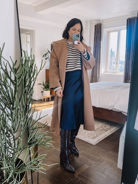 How To Style A Camel Coat White Jeans Winter, Camel Coat Outfit, Silky Maxi Dress, Midi Slip Skirt, Business Casual Dress Code, Skirt And Boots, All Black Looks, Timeless Wardrobe, Cozy Scarf