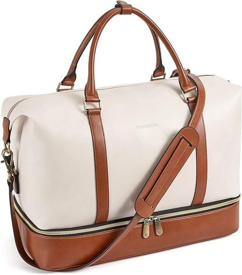 Amazon.com | BOSTANTEN Weekender Bags for Women Leather Travel Duffle Bag Carry On Overnight Duffel with Shoe Compartment, Beige&Brown | Travel Duffels Leather Duffel Bag, Monogram Outfit, Leather Weekender, Travel Duffle, Duffle Bag Travel, Denim Chic, Vintage Luggage, Travel Duffel, Duffel Bag Travel