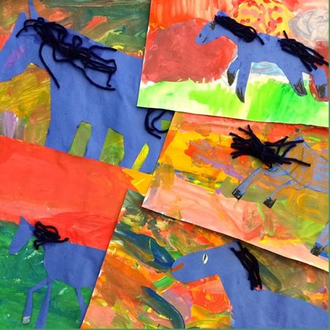 Seven-year old Franz Marc Blue horse paintings.  Don’t you love these colors? We mixed our own tempera paint colors then painted our backgrounds with  after reading Eric Carle’s The Artist Who Painted a Blue Horse. After they dried, we drew a horse on, yo Horse Paintings, 2nd Grade Art, Artist Project, Franz Marc, Art Projects For Kids, Art Time, Tempera Paint, Easy Art Projects, Blue Horse