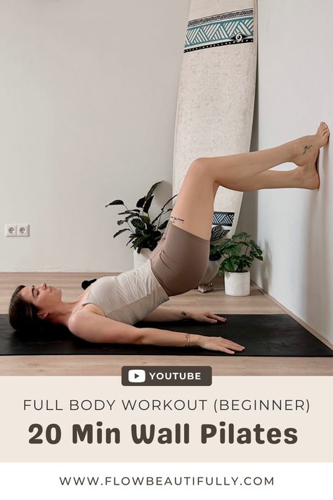 Wall Pilates exercise: Girl in taupe shorts and white Top holds bridge pose with her feet at the wall. Wand Pilates, Wall Pilates Challenge, Free Yoga Workouts, Wall Pilates Workout, Beginner Full Body Workout, 10 Min Workout, Full Body Pilates Workout, Mat Pilates Workout, Pilates Workout Plan