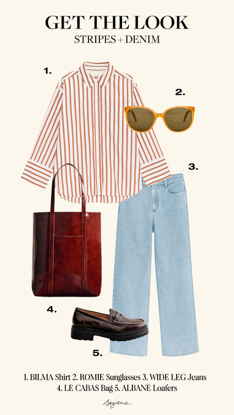 Recreate this effortless Parisian style with Sézane’s Bilma striped shirt, paired perfectly with wide-leg jeans and classic Albane loafers. Complete the look with The Tote in Mahogany and Romie sunglasses for a chic, timeless ensemble. Check out this French-inspired outfit and more at sezane.com or via the app. Striped Jeans Outfit, Sezane Outfit, Parisian Style Fall, French Inspired Outfits, Parisian Style Outfit, Wide Leg Jeans Outfit, Outfit Formulas, Striped Jeans, French Inspired