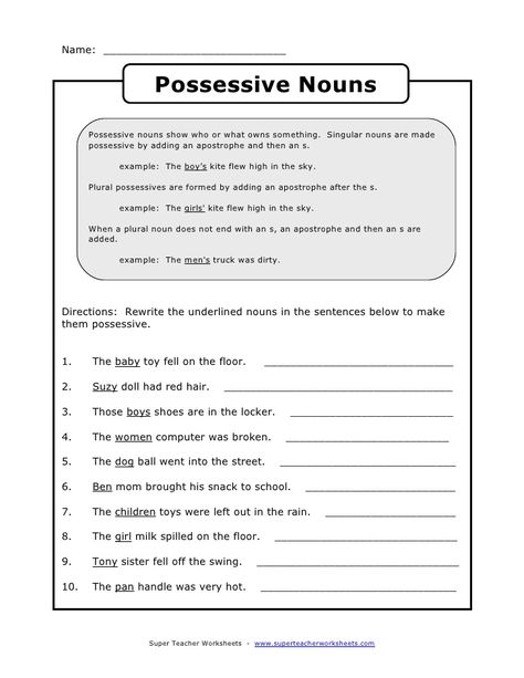 Grammar Worksheets High School, Common Nouns Worksheet, English Nouns, Possessive Noun, English Punctuation, Singular Possessive Nouns, Middle School Grammar Worksheets, Plural Possessive Nouns, Pronouns Worksheet