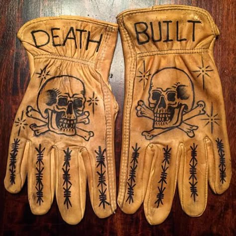 Classic Cool Tattoos By Paul Nycz Bobber Helmets, Biker Wear, Leather Work Gloves, Iron Heart, Gloves Design, Best Leather, Bobber Chopper, Motorcycle Gloves, Pinstriping