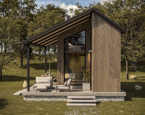 TINY HOUSE :: Behance Scandi Tiny House, Mid Century Tiny House, Tiny House Inspiration Interiors, Double Tiny House, Tiny House Farm, Scandinavian Tiny House, Small Prefab Cabins, Sustainable Tiny House, Cozy Tiny House