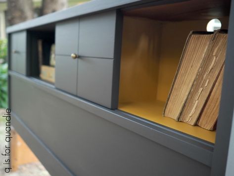 mcm bookcase headboard painted in Fusion's Ash & Mustard. – q is for quandie Bookcase Headboard Makeover, Mcm Bookcase, Refinished Headboard, Headboard Redo, Mid Century Headboard, Headboard Makeover, Grandma House, Mid Century Modern Bookcase, Repurposed Headboard