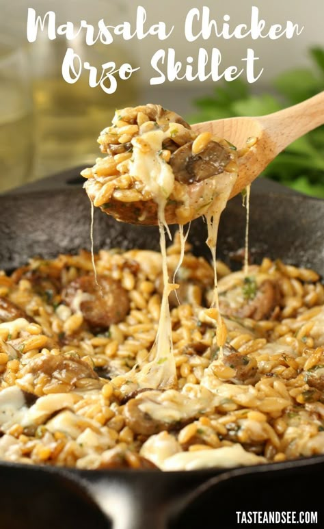 Chicken Sausage Orzo, Chicken Orzo Skillet, Sausage Orzo, Orzo Skillet, Butter Mushrooms, Wine Chicken, Orzo Recipes, Chicken Orzo, Marsala Wine