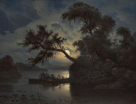 Moonlight Landscape Painting, Landscapes Forest, Forest Themes, Moonlight Landscape, Future Artist, Contemporary Landscape Artists, Moonlit Sky, 19th Century Art, Oil Painting Reproductions