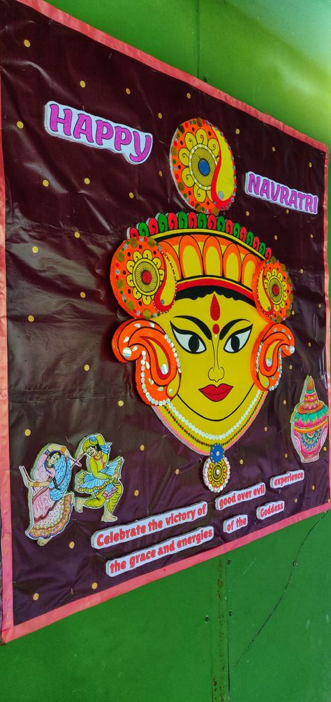 Garba Decoration For School, Navaratri Board Decoration Ideas, Board Decoration For Navratri, Navratri School Decoration, Navratri Decoration Ideas For Office, Navratri Chart Ideas For School, Dashain Decoration In School, Navratri Mandir Decoration Ideas At Home Easy, Navratri Decoration Ideas For College