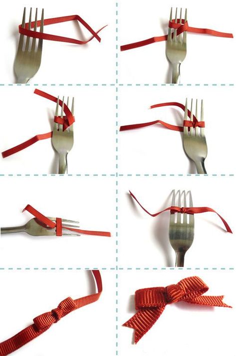 strikje maken op een vork Fork Bow, Tiny Bow, 자수 디자인, Small Bows, How To Make Bows, Forks, Pita, Homemade Cards, Ribbon Bows