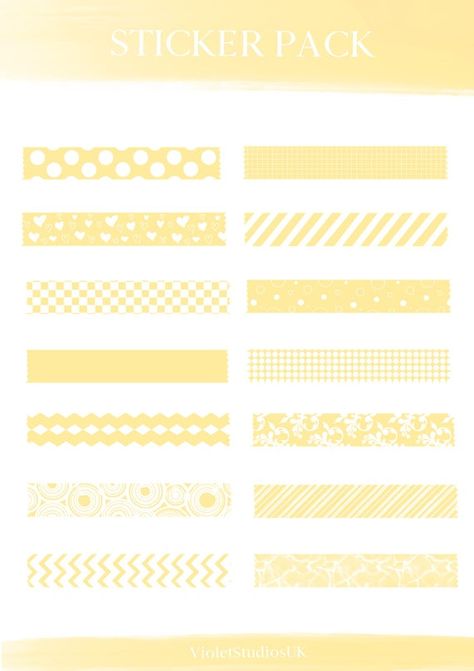 Scrapbook Ideas Aesthetic, Jimin Journal, Digital Washi, School Name Labels, Washi Tape Stickers, Stickers For Goodnotes, Digital Bullet Journal, Tape Stickers, Aesthetic Yellow