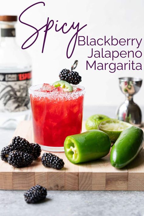 A delicious margarita made with fresh blackberries and silver tequila, a little jalapeno is added to give it a kick of heat. Spicy Blackberry Margarita, Blackberry Margarita Recipe, Cucumber Margarita, Blackberry Margarita, Classic Margarita Recipe, Tequila Recipe, Margarita Salt, Margarita On The Rocks, Jalapeno Margarita