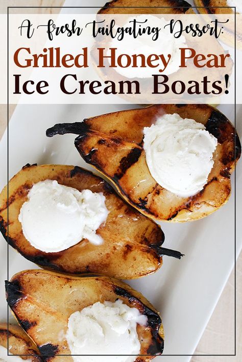 Fall is here and so is football season, but not all tailgating recipes need to be greasy and unhealthy. These fresh pears are cored, sprinkled with cinnamon and brushed with butter, then grilled to bring out their delicious flavor. They're finished with a Grilled Pears, Pear Ice Cream, Tailgate Desserts, Southern Cooking Recipes, Pear Dessert, Southern Mom, Food Texture, Tailgating Recipes, Second Breakfast