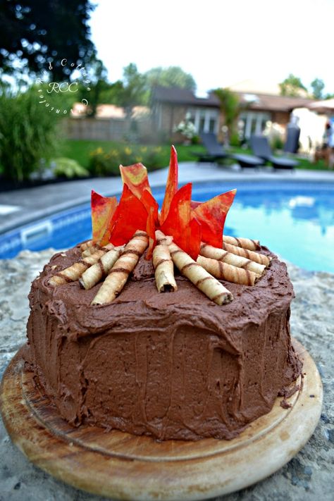 Celebrate the unofficial end to summer with this easy campfire cake Camping Birthday Cake, Campfire Cake, Tiger Scouts, Birthday Cake Tutorial, Camping Cakes, 13 Birthday Cake, Camping Birthday Party, Gateaux Cake, Camping Birthday