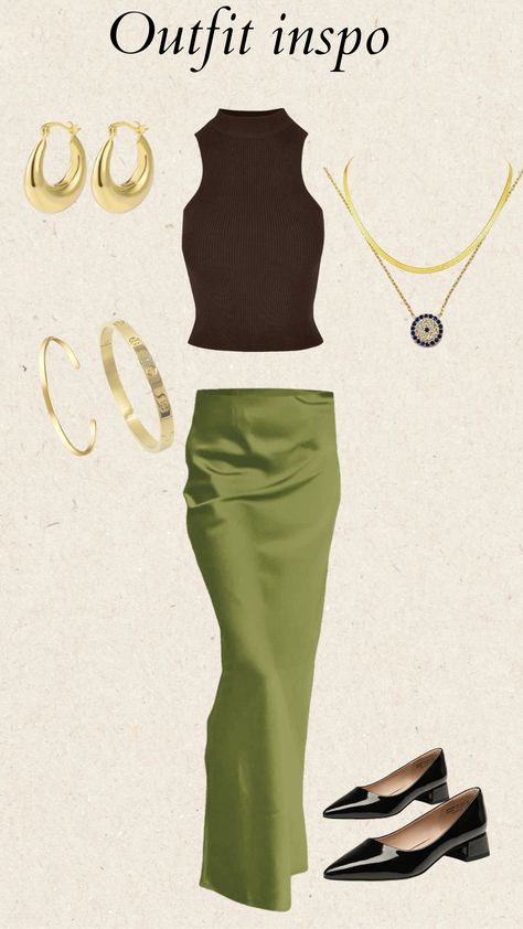 Perfect outfit for a date night! silk green skirt, brown top, bracelet stack, necklace stack, slingbacks, gold hoops #datenight #datenightoutfit #outfitinspo #outfitidea #fashioninspo #warmcolours #dateoutfit #dateoutfitideas #viral #aesthetic #jazzvibes #sadevives #jazzaesthetic Green Silk Skirt Outfit, Brown Top Outfit, Outfit For A Date Night, Outfit Inspo Date Night, Green Silk Skirt, Silk Skirt Outfit, Viral Aesthetic, Necklace Stack, Brown Outfit