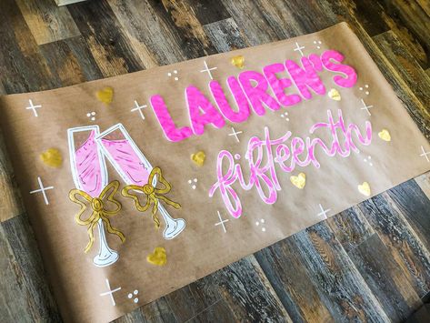 Pink and gold banners are a must 🫶🏼💗✨ 21st Birthday Shot Book, Kraft Paper Banner, Bday Banner, 21st Birthday Banner, Painted Banners, 30th Birthday Banner, Painted Banner, Cute Banner, Font Cursive